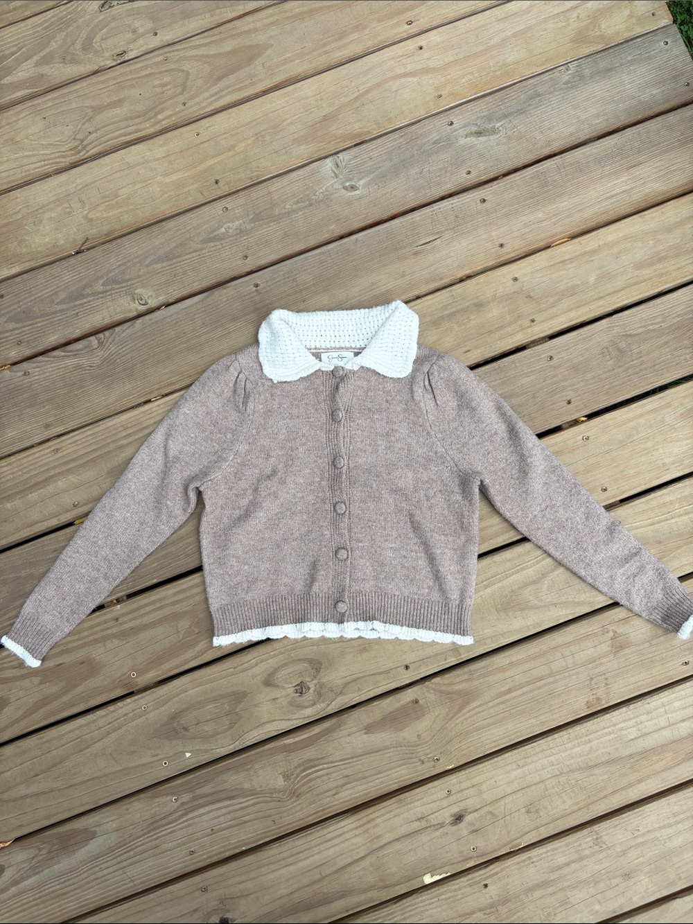 Knit Cardigan with White Crochet Collar